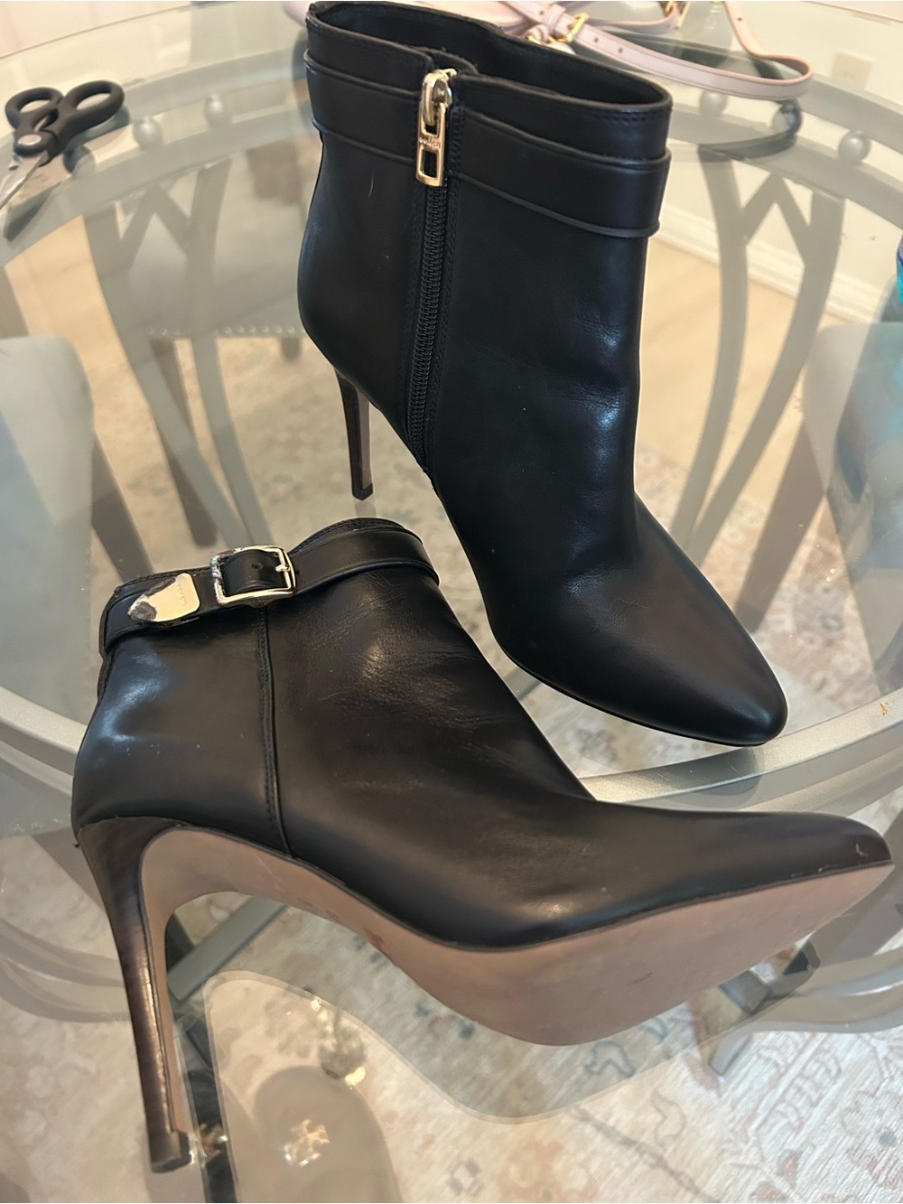 Coach Black Leather Pointed Stiletto Ankle Boots with Gold Buckle